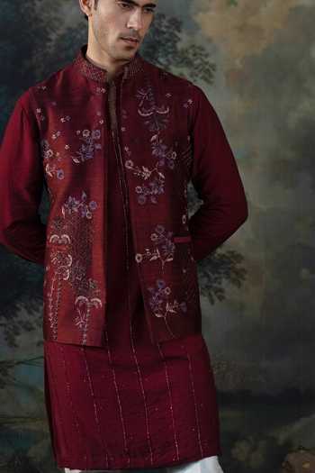 Shop Ayush Jain Wine Silk, Cotton, Chanderi Shabaan Embroidered Bundi And Kurta Set Online at Aza Fashions Shop_Ayush Jain_Wine Silk, Cotton, Chanderi Shabaan Embroidered Bundi And Kurta Set _Online_at_Aza_Fashions