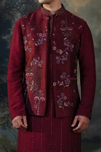Ayush Jain Wine Silk, Cotton, Chanderi Shabaan Embroidered Bundi And Kurta Set at Aza Fashions Ayush Jain_Wine Silk, Cotton, Chanderi Shabaan Embroidered Bundi And Kurta Set _at_Aza_Fashions