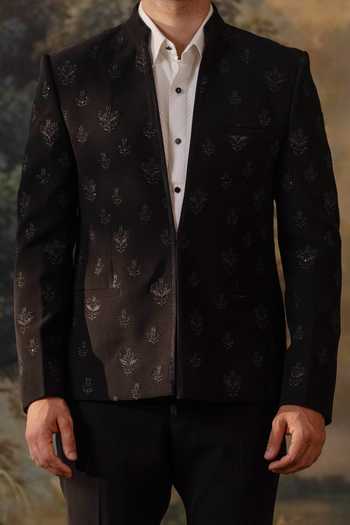 Ayush Jain Black Silk, Cotton, Crepe, Velvet Aks-e-siyah Hand Embroidered Bandhgala Set at Aza Fashions Ayush Jain_Black Silk, Cotton, Crepe, Velvet Aks-e-siyah Hand Embroidered Bandhgala Set _at_Aza_Fashions