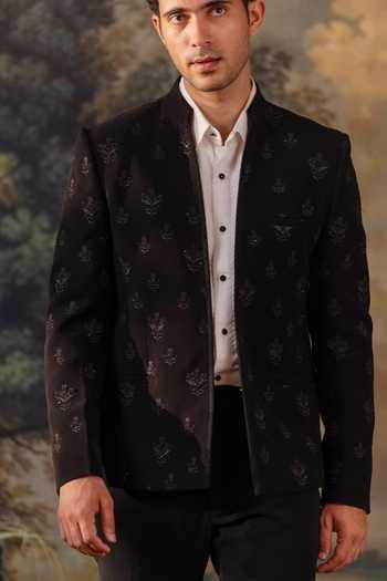Buy Ayush Jain Black Silk, Cotton, Crepe, Velvet Aks-e-siyah Hand Embroidered Bandhgala Set Buy_Ayush Jain_Black Silk, Cotton, Crepe, Velvet Aks-e-siyah Hand Embroidered Bandhgala Set