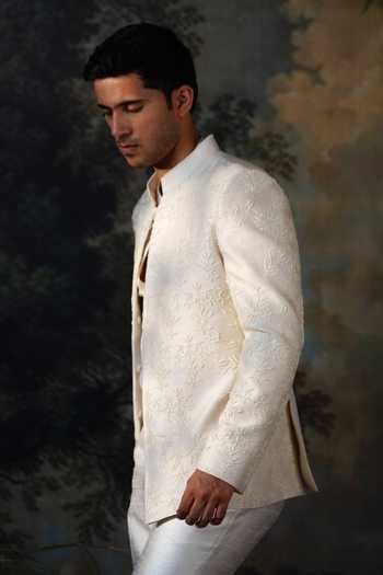 Ayush Jain Ivory Silk, Cotton Pearls, Embroidery Chandra Bandhgala Set Online at Aza Fashions Ayush Jain_Ivory Silk, Cotton Pearls, Embroidery Chandra Bandhgala Set _Online_at_Aza_Fashions