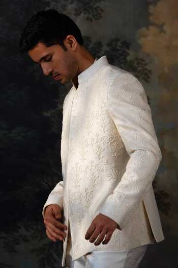 Buy Ayush Jain Ivory Silk, Cotton Pearls, Embroidery Chandra Bandhgala Set Online at Aza Fashions Buy_Ayush Jain_Ivory Silk, Cotton Pearls, Embroidery Chandra Bandhgala Set _Online_at_Aza_Fashions