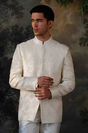 Shop Ayush Jain Ivory Silk, Cotton Pearls, Embroidery Chandra Bandhgala Set Online at Aza Fashions Shop_Ayush Jain_Ivory Silk, Cotton Pearls, Embroidery Chandra Bandhgala Set _Online_at_Aza_Fashions