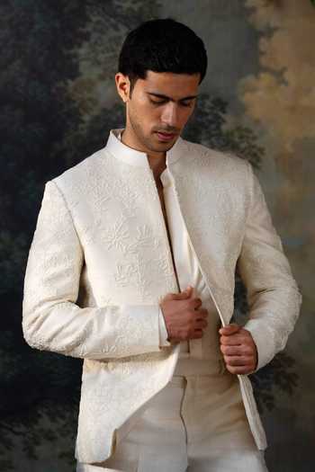 Ayush Jain Ivory Silk, Cotton Embroidery, Pearls Chandra Bandhgala Set Online at Aza Fashions Ayush Jain_Ivory Silk, Cotton Embroidery, Pearls Chandra Bandhgala Set _Online_at_Aza_Fashions