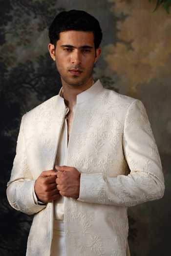 Buy Ayush Jain Ivory Silk, Cotton Embroidery, Pearls Chandra Bandhgala Set Online at Aza Fashions Buy_Ayush Jain_Ivory Silk, Cotton Embroidery, Pearls Chandra Bandhgala Set _Online_at_Aza_Fashions