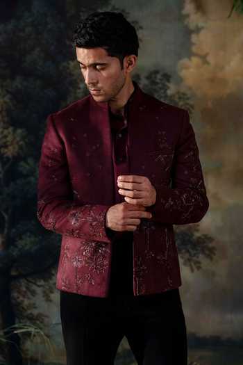 Ayush Jain Wine Silk, Cotton Embroidery, Beads, Crystals Yamini Bandhgala Set Online at Aza Fashions Ayush Jain_Wine Silk, Cotton Embroidery, Beads, Crystals Yamini Bandhgala Set _Online_at_Aza_Fashions