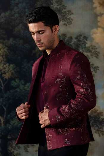 Buy Ayush Jain Wine Silk, Cotton Embroidery, Beads, Crystals Yamini Bandhgala Set Online at Aza Fashions Buy_Ayush Jain_Wine Silk, Cotton Embroidery, Beads, Crystals Yamini Bandhgala Set _Online_at_Aza_Fashions