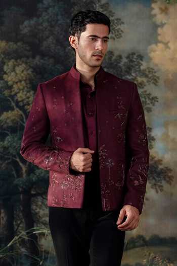 Buy Ayush Jain Wine Silk, Cotton Embroidery, Beads, Crystals Yamini Bandhgala Set Buy_Ayush Jain_Wine Silk, Cotton Embroidery, Beads, Crystals Yamini Bandhgala Set