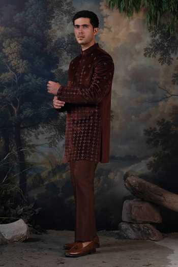 Ayush Jain Brown Silk, Cotton, Velvet Sitara Embroidered Achkan Set Online at Aza Fashions Ayush Jain_Brown Silk, Cotton, Velvet Sitara Embroidered Achkan Set _Online_at_Aza_Fashions
