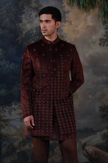 Buy Ayush Jain Brown Silk, Cotton, Velvet Sitara Embroidered Achkan Set Online at Aza Fashions Buy_Ayush Jain_Brown Silk, Cotton, Velvet Sitara Embroidered Achkan Set _Online_at_Aza_Fashions