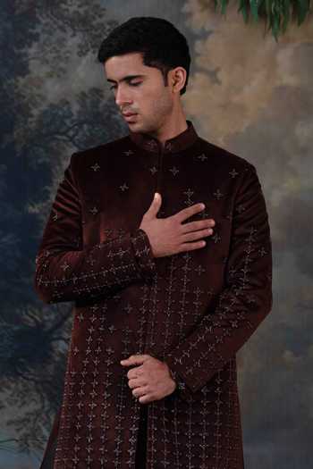 Shop Ayush Jain Brown Silk, Cotton, Velvet Sitara Embroidered Achkan Set Online at Aza Fashions Shop_Ayush Jain_Brown Silk, Cotton, Velvet Sitara Embroidered Achkan Set _Online_at_Aza_Fashions