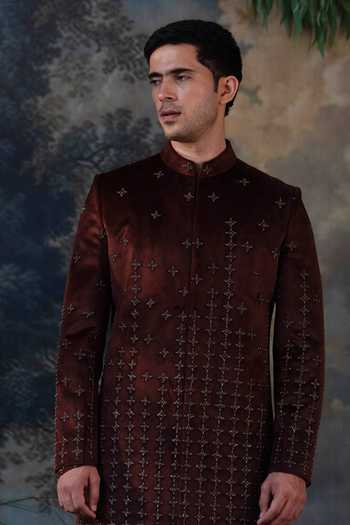 Ayush Jain Brown Silk, Cotton, Velvet Sitara Embroidered Achkan Set at Aza Fashions Ayush Jain_Brown Silk, Cotton, Velvet Sitara Embroidered Achkan Set _at_Aza_Fashions