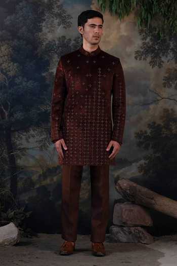 Buy Ayush Jain Brown Silk, Cotton, Velvet Sitara Embroidered Achkan Set Buy_Ayush Jain_Brown Silk, Cotton, Velvet Sitara Embroidered Achkan Set