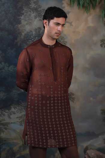 Ayush Jain Brown Silk, Cotton, Velvet Sitara Embroidered Jacket And Kurta Set Online at Aza Fashions Ayush Jain_Brown Silk, Cotton, Velvet Sitara Embroidered Jacket And Kurta Set _Online_at_Aza_Fashions