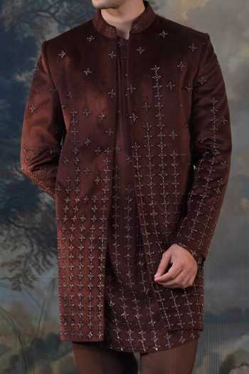 Buy Ayush Jain Brown Silk, Cotton, Velvet Sitara Embroidered Jacket And Kurta Set Buy_Ayush Jain_Brown Silk, Cotton, Velvet Sitara Embroidered Jacket And Kurta Set