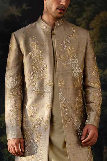 Shop Ayush Jain Green Silk, Organza Sabz Embroidered Achkan Set Shop_Ayush Jain_Green Silk, Organza Sabz Embroidered Achkan Set