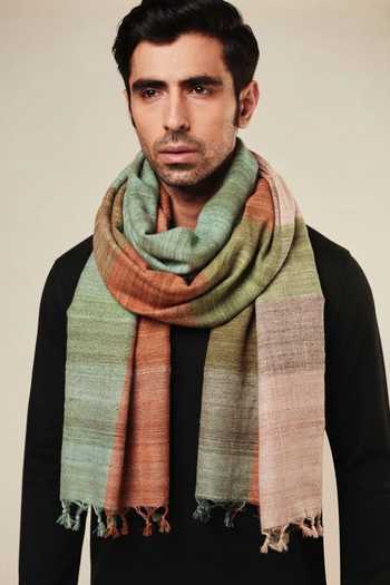 Buy Aeshaane Green Tassels Colorblock Woven Scarf Online at Aza Fashions Buy_Aeshaane_Green Tassels Colorblock Woven Scarf _Online_at_Aza_Fashions