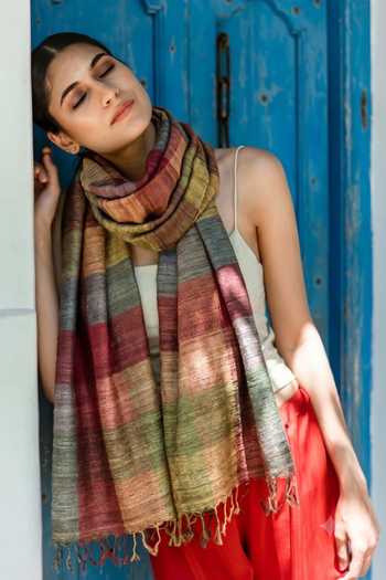 Buy Aeshaane Multi Color Fringe Striped Pattern Scarf Online at Aza Fashions Buy_Aeshaane_Multi Color Fringe Striped Pattern Scarf _Online_at_Aza_Fashions