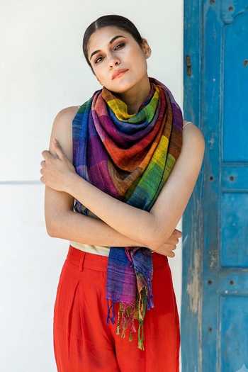 Aeshaane Multi Color Tassels Colorblock Textured Scarf Online at Aza Fashions Aeshaane_Multi Color Tassels Colorblock Textured Scarf _Online_at_Aza_Fashions