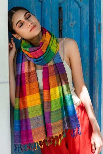Buy Aeshaane Multi Color Tassels Colorblock Textured Scarf Online at Aza Fashions Buy_Aeshaane_Multi Color Tassels Colorblock Textured Scarf _Online_at_Aza_Fashions