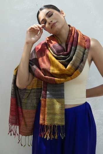 Aeshaane Multi Color Tassels, Fringe Striped Pattern Scarf Online at Aza Fashions Aeshaane_Multi Color Tassels, Fringe Striped Pattern Scarf _Online_at_Aza_Fashions