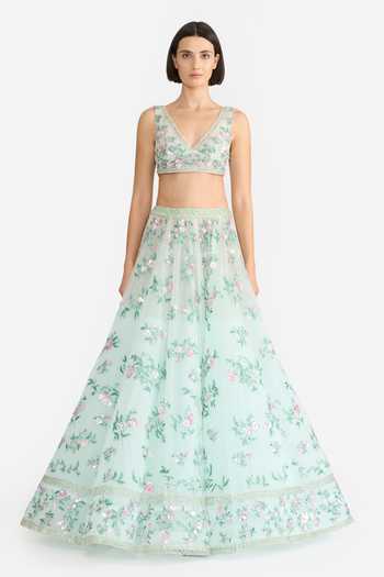 Gauri & Nainika Green Tulle V-neck Verdant Garden Embroidered Lehenga Set Online at Aza Fashions Gauri & Nainika_Green Tulle V-neck Verdant Garden Embroidered Lehenga Set _Online_at_Aza_Fashions