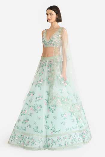 Buy Gauri & Nainika Green Tulle V-neck Verdant Garden Embroidered Lehenga Set Online at Aza Fashions Buy_Gauri & Nainika_Green Tulle V-neck Verdant Garden Embroidered Lehenga Set _Online_at_Aza_Fashions