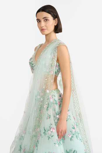 Shop Gauri & Nainika Green Tulle V-neck Verdant Garden Embroidered Lehenga Set Online at Aza Fashions Shop_Gauri & Nainika_Green Tulle V-neck Verdant Garden Embroidered Lehenga Set _Online_at_Aza_Fashions