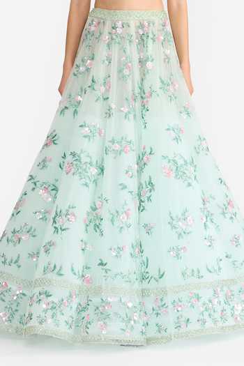 Gauri & Nainika Green Tulle V-neck Verdant Garden Embroidered Lehenga Set at Aza Fashions Gauri & Nainika_Green Tulle V-neck Verdant Garden Embroidered Lehenga Set _at_Aza_Fashions
