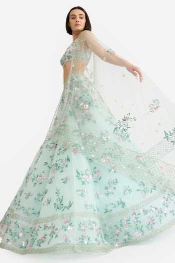 Buy Gauri & Nainika Green Tulle V-neck Verdant Garden Embroidered Lehenga Set Buy_Gauri & Nainika_Green Tulle V-neck Verdant Garden Embroidered Lehenga Set
