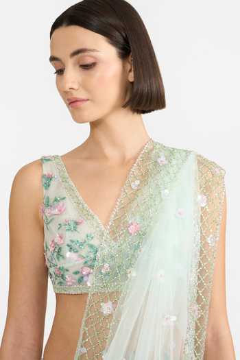 Shop Gauri & Nainika Green Tulle V-neck Verdant Garden Embroidered Lehenga Set Shop_Gauri & Nainika_Green Tulle V-neck Verdant Garden Embroidered Lehenga Set