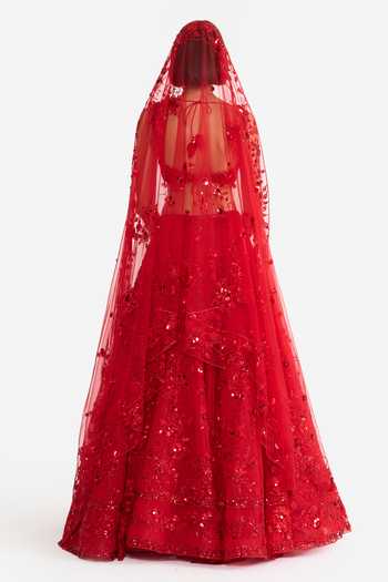 Shop Gauri & Nainika Red Tulle Sweetheart Neck Crimson Rose Embroidered Lehenga Set Online at Aza Fashions Shop_Gauri & Nainika_Red Tulle Sweetheart Neck Crimson Rose Embroidered Lehenga Set _Online_at_Aza_Fashions