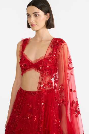 Buy Gauri & Nainika Red Tulle Sweetheart Neck Crimson Rose Embroidered Lehenga Set Buy_Gauri & Nainika_Red Tulle Sweetheart Neck Crimson Rose Embroidered Lehenga Set