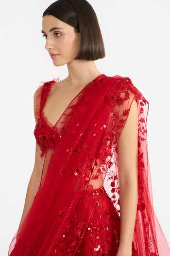 Shop Gauri & Nainika Red Tulle Sweetheart Neck Crimson Rose Embroidered Lehenga Set Shop_Gauri & Nainika_Red Tulle Sweetheart Neck Crimson Rose Embroidered Lehenga Set