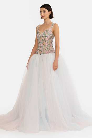 Shop_Gauri & Nainika_Pink Tulle Embroidery, Sequins, Beads Sweetheart Embellished Drop Waisted Gown _Online_at_Aza_Fashions