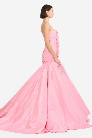 Gauri & Nainika_Pink Taffeta Fabric Flowers Sweetheart Neck Draped Rosette Gown _Online_at_Aza_Fashions