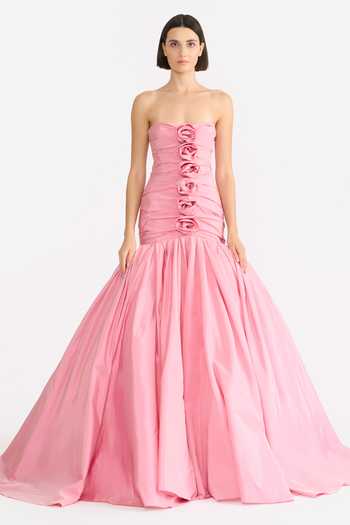 Buy_Gauri & Nainika_Pink Taffeta Fabric Flowers Sweetheart Neck Draped Rosette Gown _Online_at_Aza_Fashions
