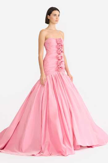 Shop_Gauri & Nainika_Pink Taffeta Fabric Flowers Sweetheart Neck Draped Rosette Gown _Online_at_Aza_Fashions