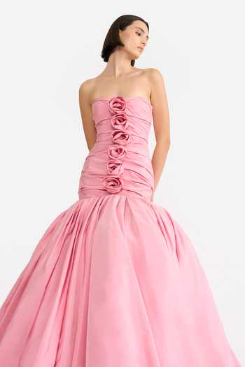 Gauri & Nainika_Pink Taffeta Fabric Flowers Sweetheart Neck Draped Rosette Gown _at_Aza_Fashions