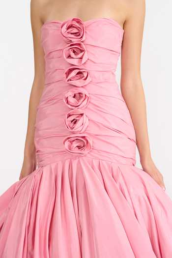 Buy_Gauri & Nainika_Pink Taffeta Fabric Flowers Sweetheart Neck Draped Rosette Gown 