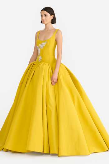 Gauri & Nainika Mustard Crystals Scoop Neck Scallop Waisted Gown Online at Aza Fashions Gauri & Nainika_Mustard Crystals Scoop Neck Scallop Waisted Gown _Online_at_Aza_Fashions