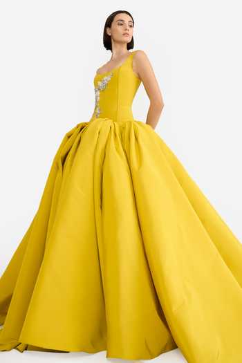 Buy Gauri & Nainika Mustard Crystals Scoop Neck Scallop Waisted Gown Online at Aza Fashions Buy_Gauri & Nainika_Mustard Crystals Scoop Neck Scallop Waisted Gown _Online_at_Aza_Fashions