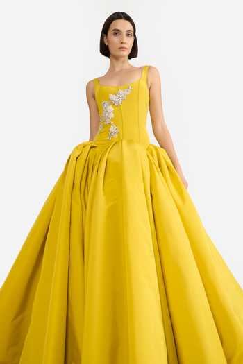 Shop Gauri & Nainika Mustard Crystals Scoop Neck Scallop Waisted Gown Online at Aza Fashions Shop_Gauri & Nainika_Mustard Crystals Scoop Neck Scallop Waisted Gown _Online_at_Aza_Fashions