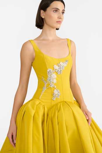 Gauri & Nainika Mustard Crystals Scoop Neck Scallop Waisted Gown at Aza Fashions Gauri & Nainika_Mustard Crystals Scoop Neck Scallop Waisted Gown _at_Aza_Fashions