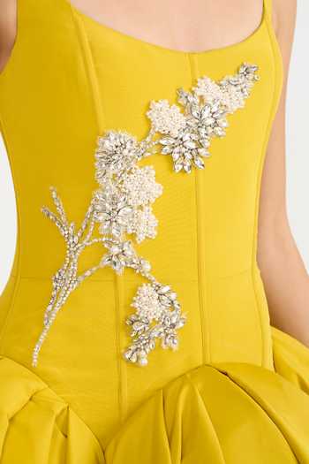 Buy Gauri & Nainika Mustard Crystals Scoop Neck Scallop Waisted Gown Buy_Gauri & Nainika_Mustard Crystals Scoop Neck Scallop Waisted Gown