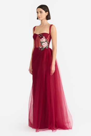 Gauri & Nainika_Tulle Applique Sweetheart Neck Corseted Saree Draped Gown _Online_at_Aza_Fashions