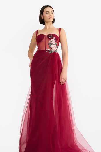 Buy_Gauri & Nainika_Tulle Applique Sweetheart Neck Corseted Saree Draped Gown _Online_at_Aza_Fashions
