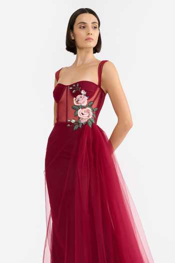 Shop_Gauri & Nainika_Tulle Applique Sweetheart Neck Corseted Saree Draped Gown _Online_at_Aza_Fashions