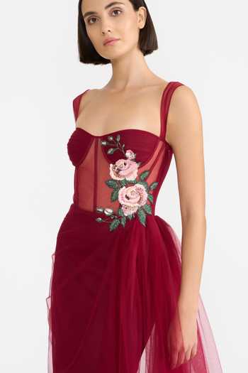 Gauri & Nainika_Tulle Applique Sweetheart Neck Corseted Saree Draped Gown _at_Aza_Fashions