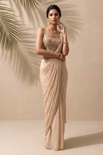 Buy_Aneesh Agarwaal_Ivory Chiffon, Lurex, Silk Organza Esme Pre-draped Saree With Embroidered Corset _Online_at_Aza_Fashions